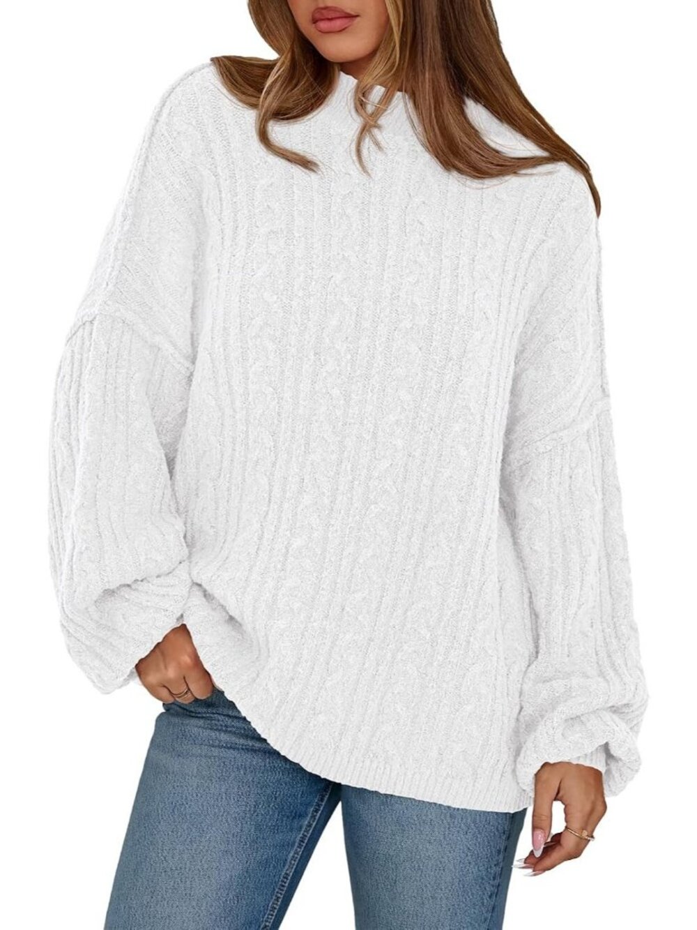 Women's White Long Sleeve Crewneck Cable Knit Oversized Pullover Fall Sweaters